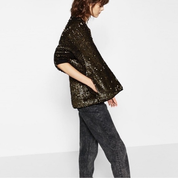 Zara oversized faux fur sequin bomber jacket black gold medium - Picture 2 of 12